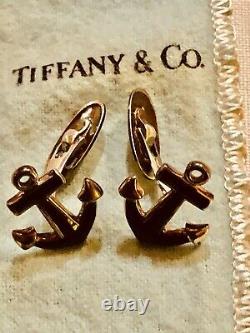 Vintage Tiffany & Co Sterling Argent Bleu Émail Anchor Paire De Cuff Links W Sac