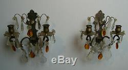 Vintage Transparent Amber Crystal Prismes Paire Wall Bougeoirs Appliques Ton Argent
