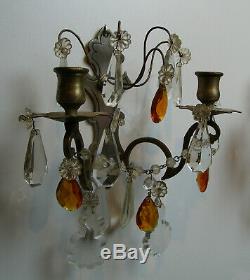 Vintage Transparent Amber Crystal Prismes Paire Wall Bougeoirs Appliques Ton Argent