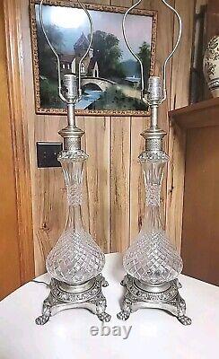 Vtg 2 Lampes en Cristal Matelassé Argenté Assorties Table MCM HOLLYWOOD REGENCY LIRE