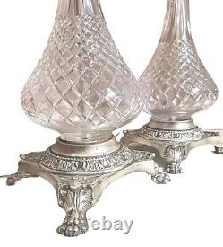 Vtg 2 Lampes en Cristal Matelassé Argenté Assorties Table MCM HOLLYWOOD REGENCY LIRE