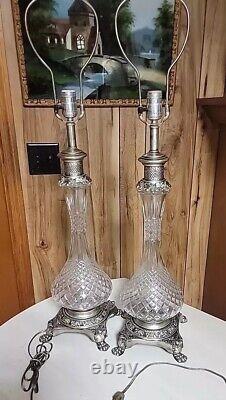 Vtg 2 Lampes en Cristal Matelassé Argenté Assorties Table MCM HOLLYWOOD REGENCY LIRE