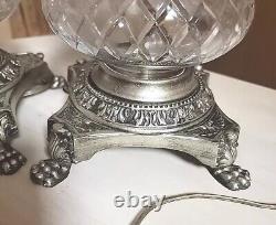 Vtg 2 Lampes en Cristal Matelassé Argenté Assorties Table MCM HOLLYWOOD REGENCY LIRE