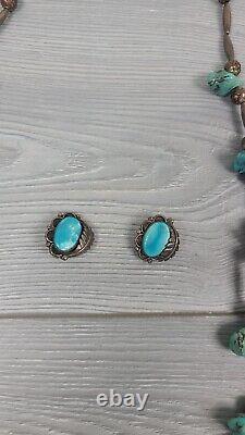 Vtg Argent & Turquoise 3 Colliers & 1 Paire Clip Sur Les Boucles D'oreilles Navajo Native Az