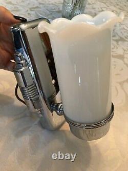 Vtg Chrome Brass Sconce Pair Cylinder Milk Glass Shade Art Deco Light Salle De Bain