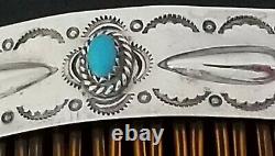 Vtg Navajo Turquoise Hair Comb Paire Sterling Silver Stamped Décoré