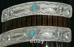 Vtg Navajo Turquoise Hair Comb Paire Sterling Silver Stamped Décoré