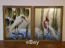 Vtg Paire De Peintures D'oiseaux Tropicaux Du Siècle Dernier Au Tableau D'argent Encadré