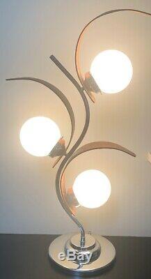 Vtg Paire Grandes Lampes Milieu Du Siècle Globes Modernes En Chrome Demi-sphères En Bois Courbé
