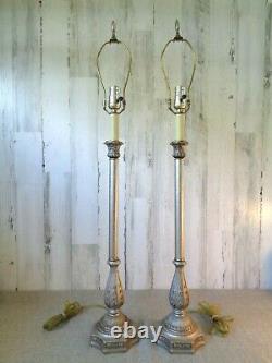 Vtg Paire Heyco Silver & Gold Buffet Lampes Lampes De Table Hollywood Regency 35 Haut