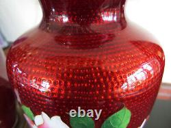 Vtg. Paire Sato Cloisonne Vase Rouge Ox Sang Émail Roses Argent Japon Lampes De Table