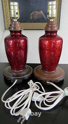 Vtg. Paire Sato Cloisonne Vase Rouge Ox Sang Émail Roses Argent Japon Lampes De Table