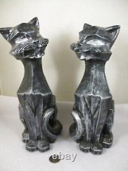 Vtg Set Pair 1961 Universal Staturary Black To Silver Cubist Cat Sculptures Figu