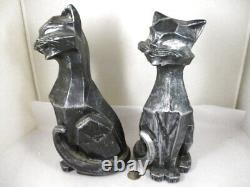 Vtg Set Pair 1961 Universal Staturary Black To Silver Cubist Cat Sculptures Figu