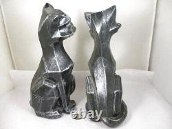 Vtg Set Pair 1961 Universal Staturary Black To Silver Cubist Cat Sculptures Figu