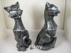 Vtg Set Pair 1961 Universal Staturary Black To Silver Cubist Cat Sculptures Figu