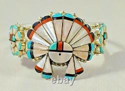 Zuni Sun Visage Bracelet, Argent Sterling Vintage Amérindien Inlay Brace